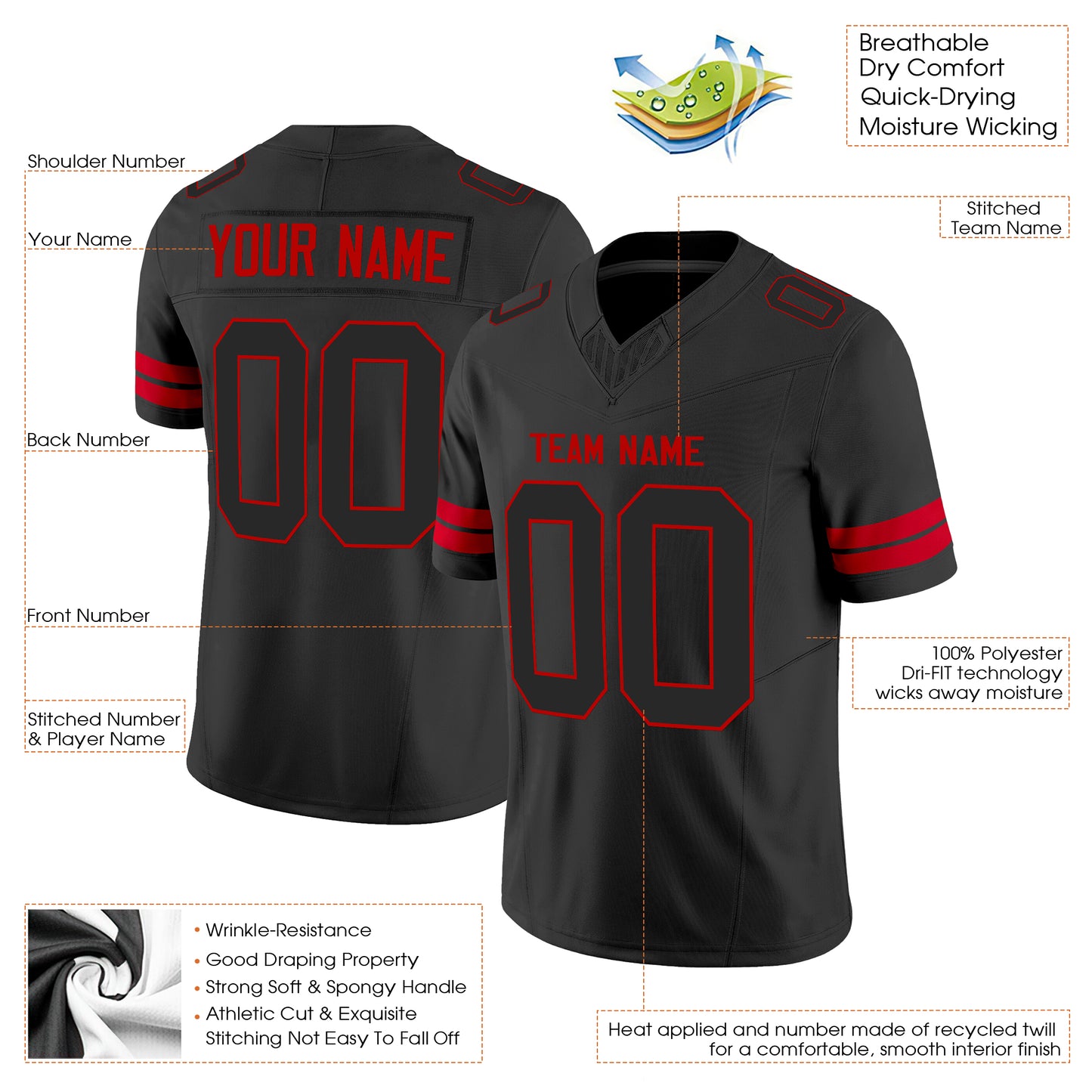 Black Black-Red Authentic Custom Football Jersey