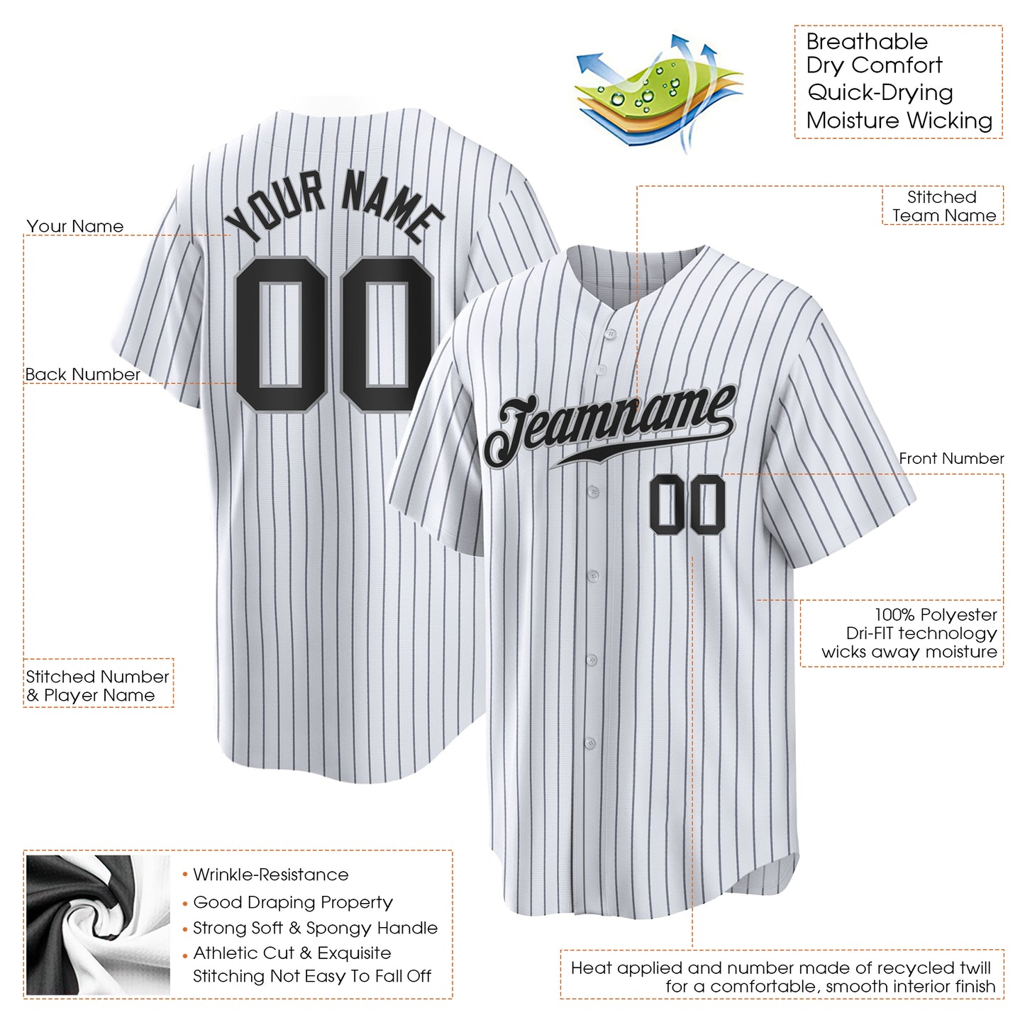 White Black Pinstripe Black-Gray Authentic Custom Baseball Jersey