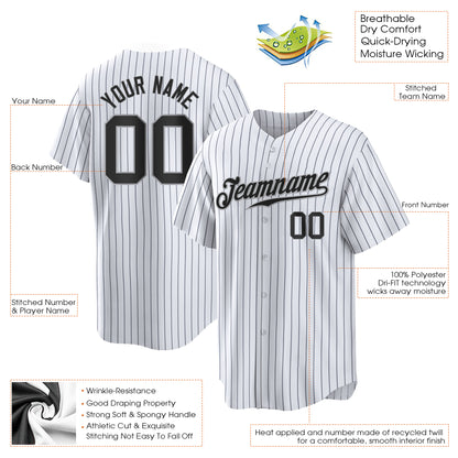 White Black Pinstripe Black-Gray Authentic Custom Baseball Jersey