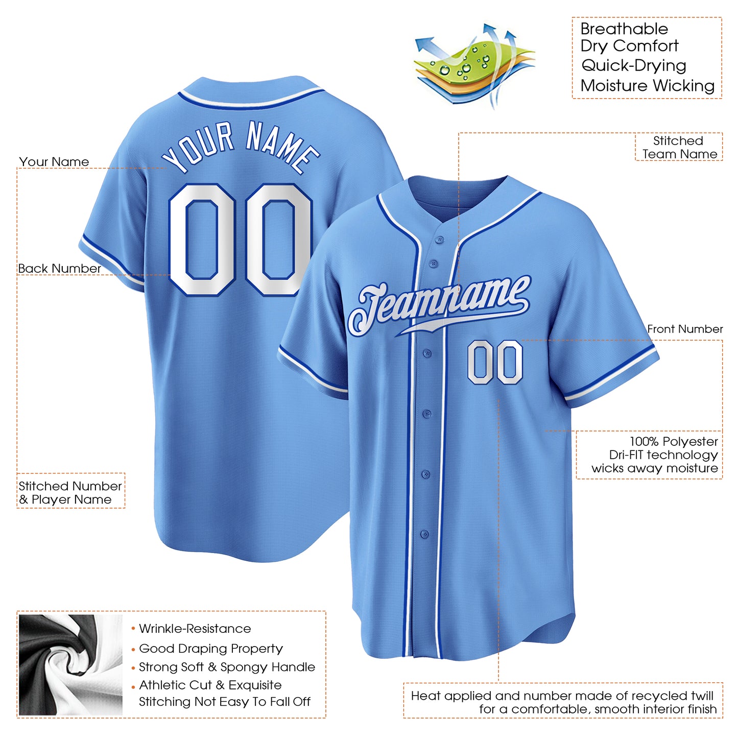 Light Blue White-Royal Authentic Custom Baseball Jersey