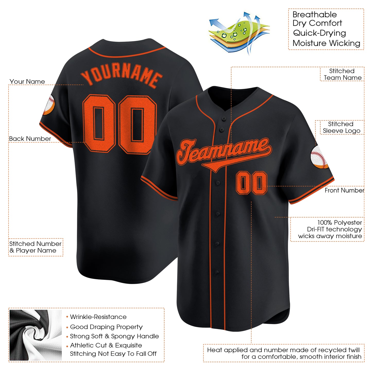 Black Orange - Black Custom Baseball Jersey