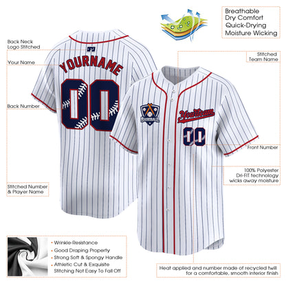 White Navy Pinstripe Navy Red Custom Baseball Jersey