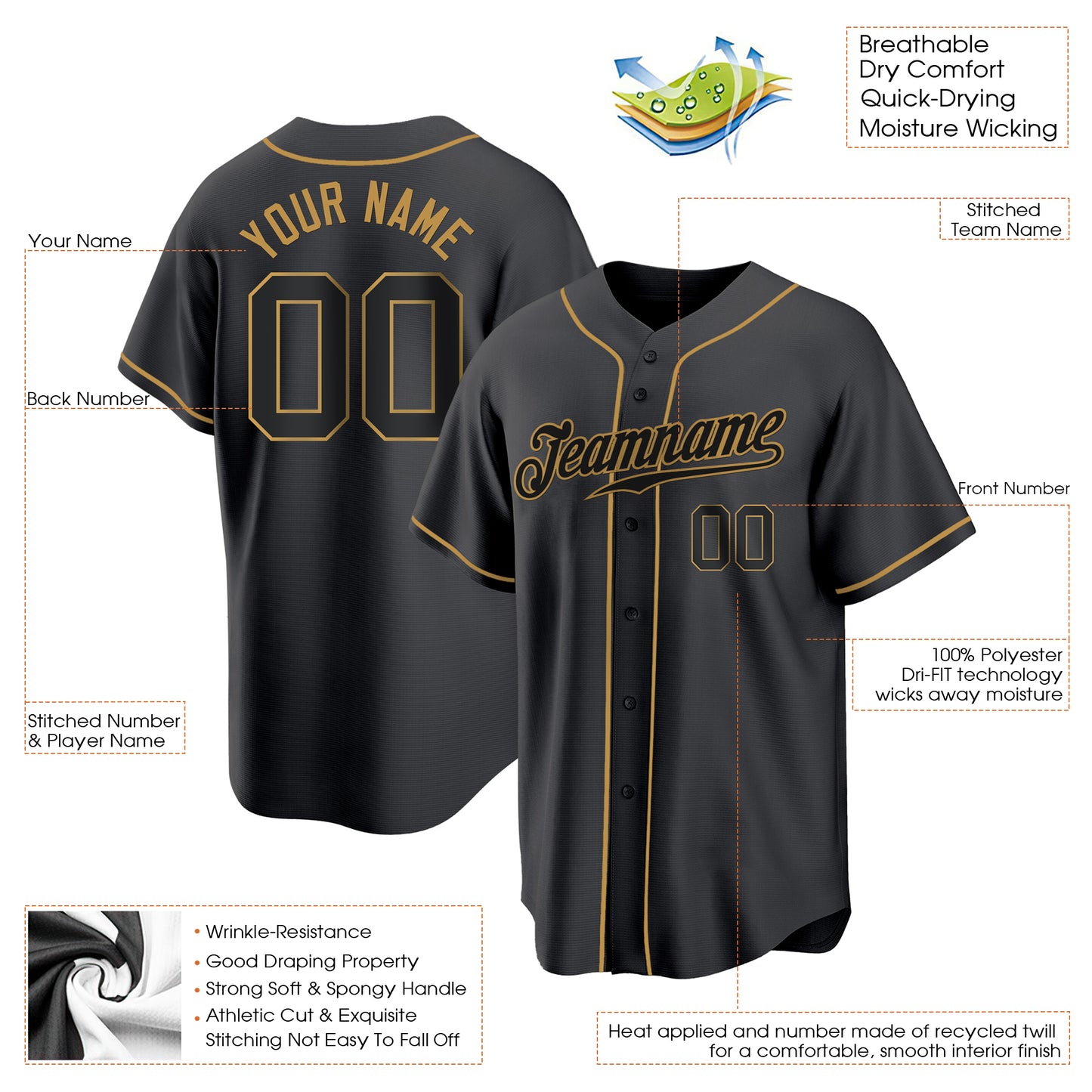 Black Black-Old Gold Authentic Custom Baseball Jersey