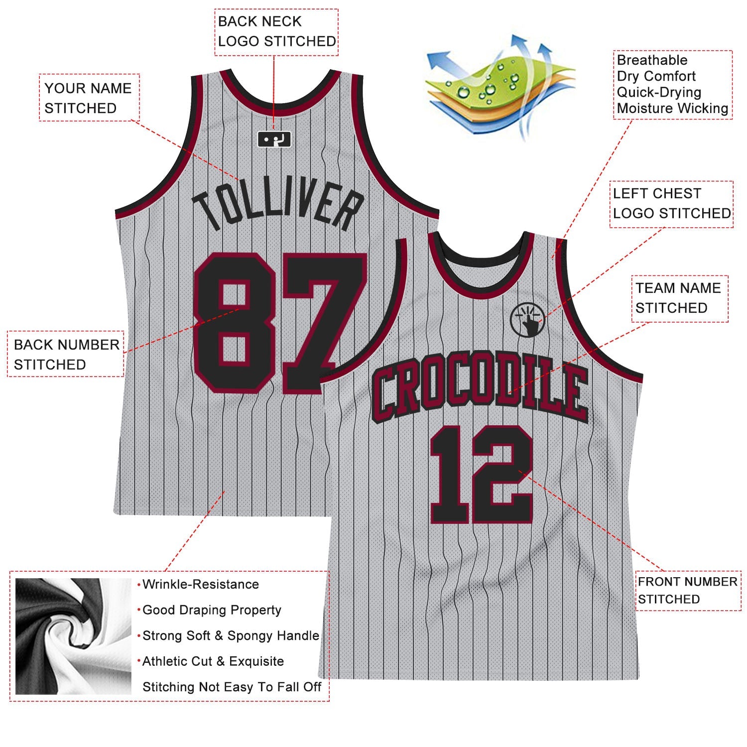 Custom Gray Black Pinstripe Black-Maroon Authentic Basketball Jersey