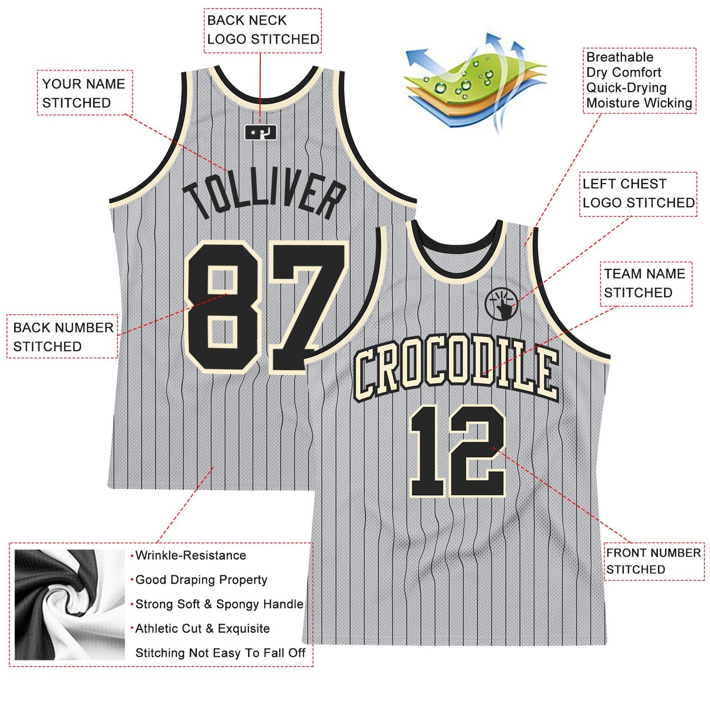 Custom Gray Black Pinstripe Black-Cream Authentic Basketball Jersey