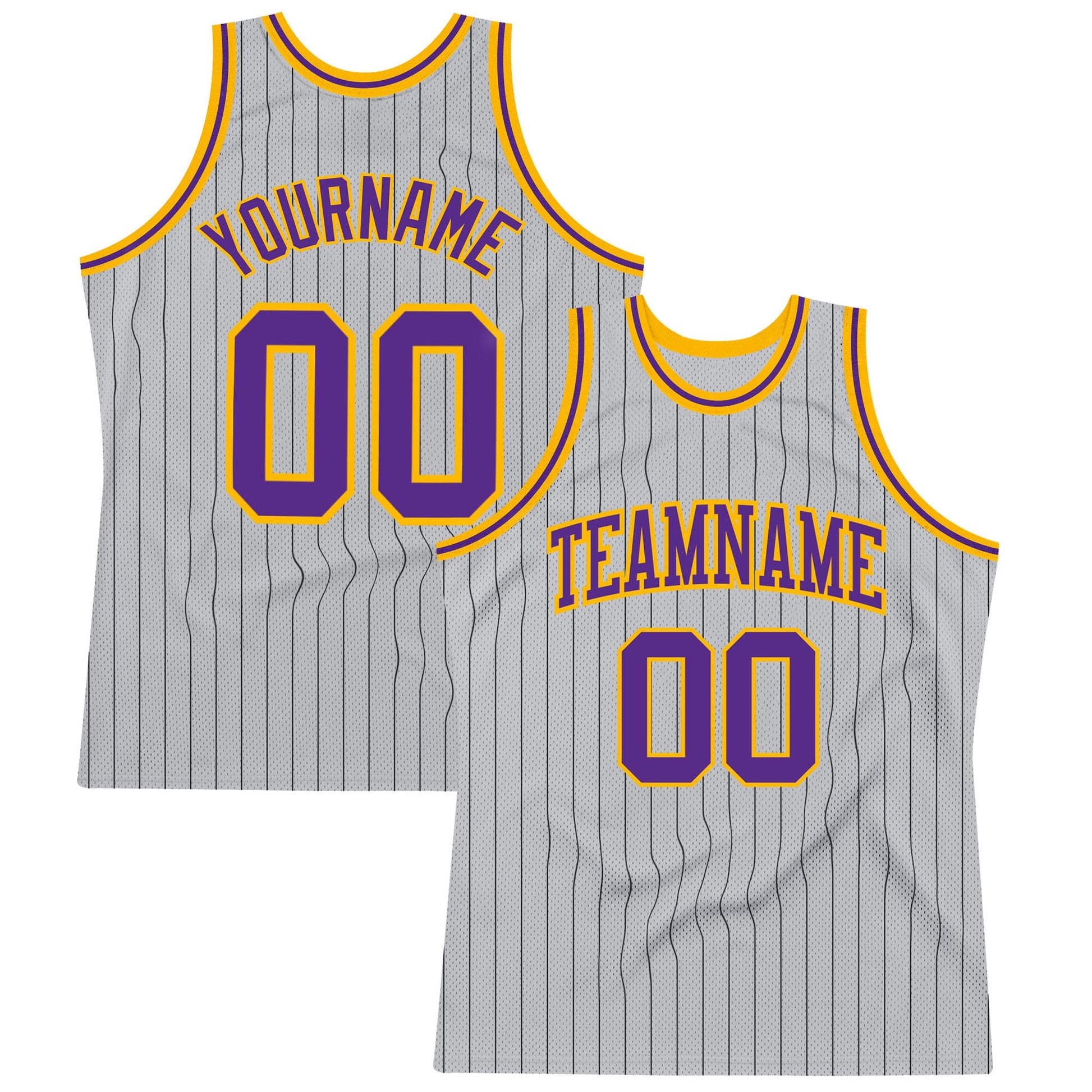 Custom Gray Black Pinstripe Purple-Gold Authentic Basketball Jersey