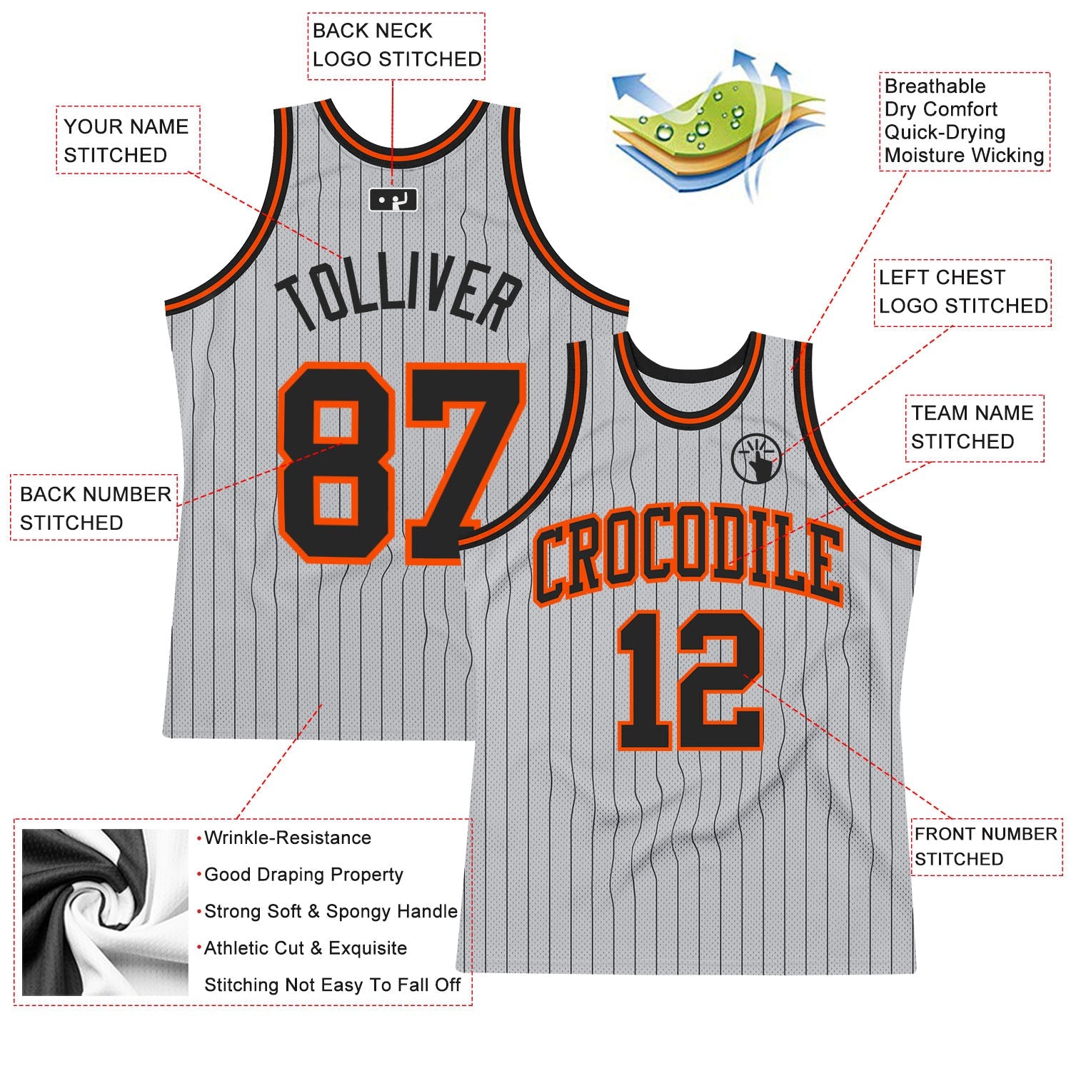 Custom Gray Black Pinstripe Black-Orange Authentic Basketball Jersey