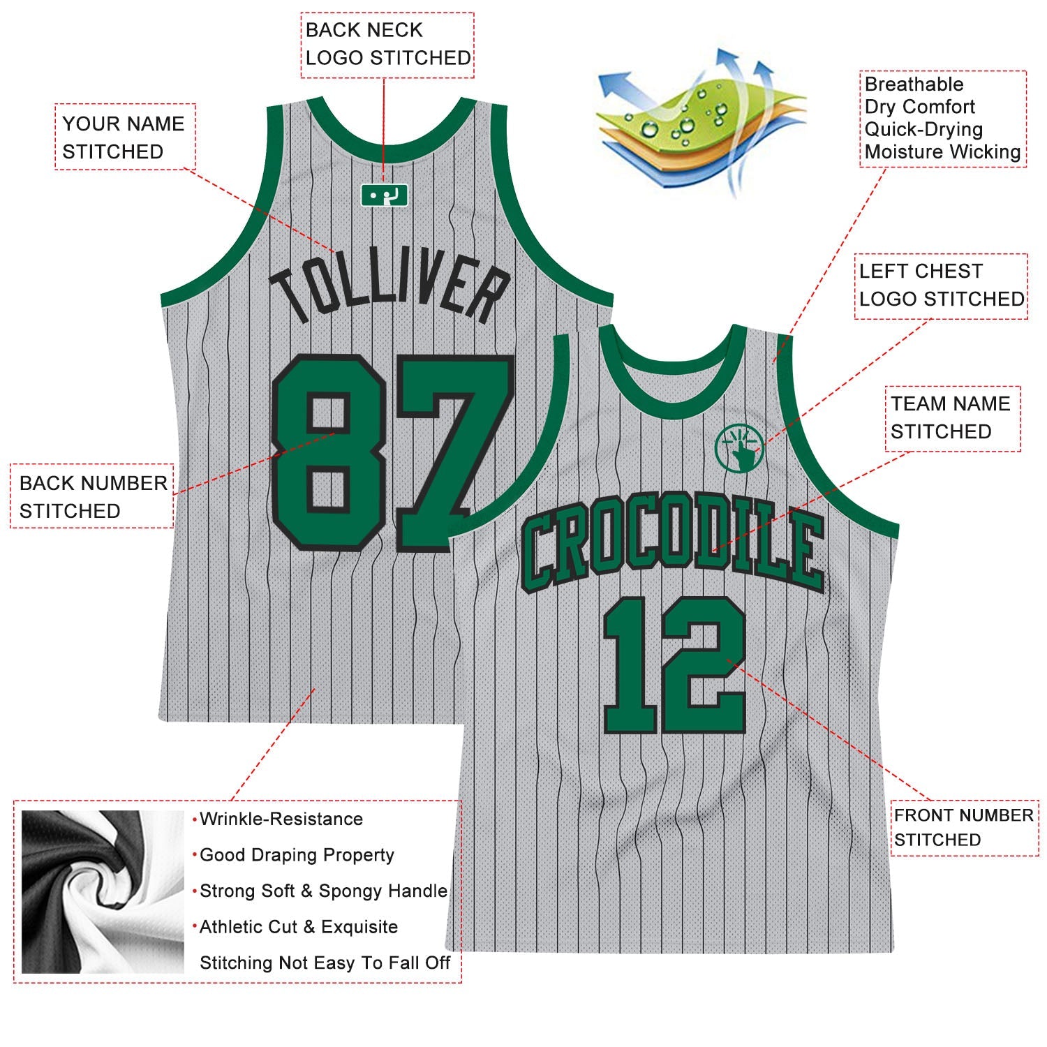 Custom Gray Black Pinstripe Kelly Green Authentic Basketball Jersey