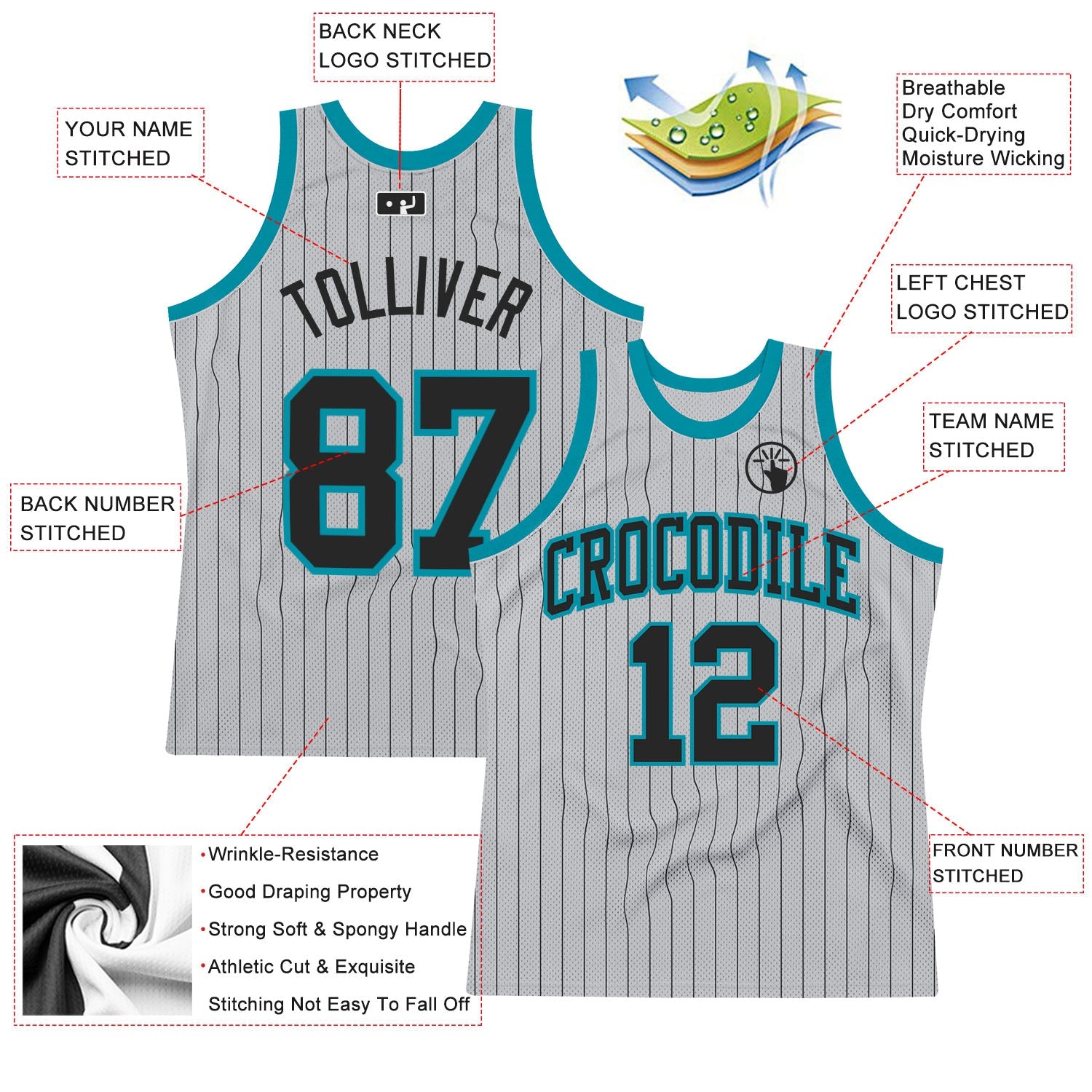 Custom Gray Black Pinstripe Black-Teal Authentic Basketball Jersey