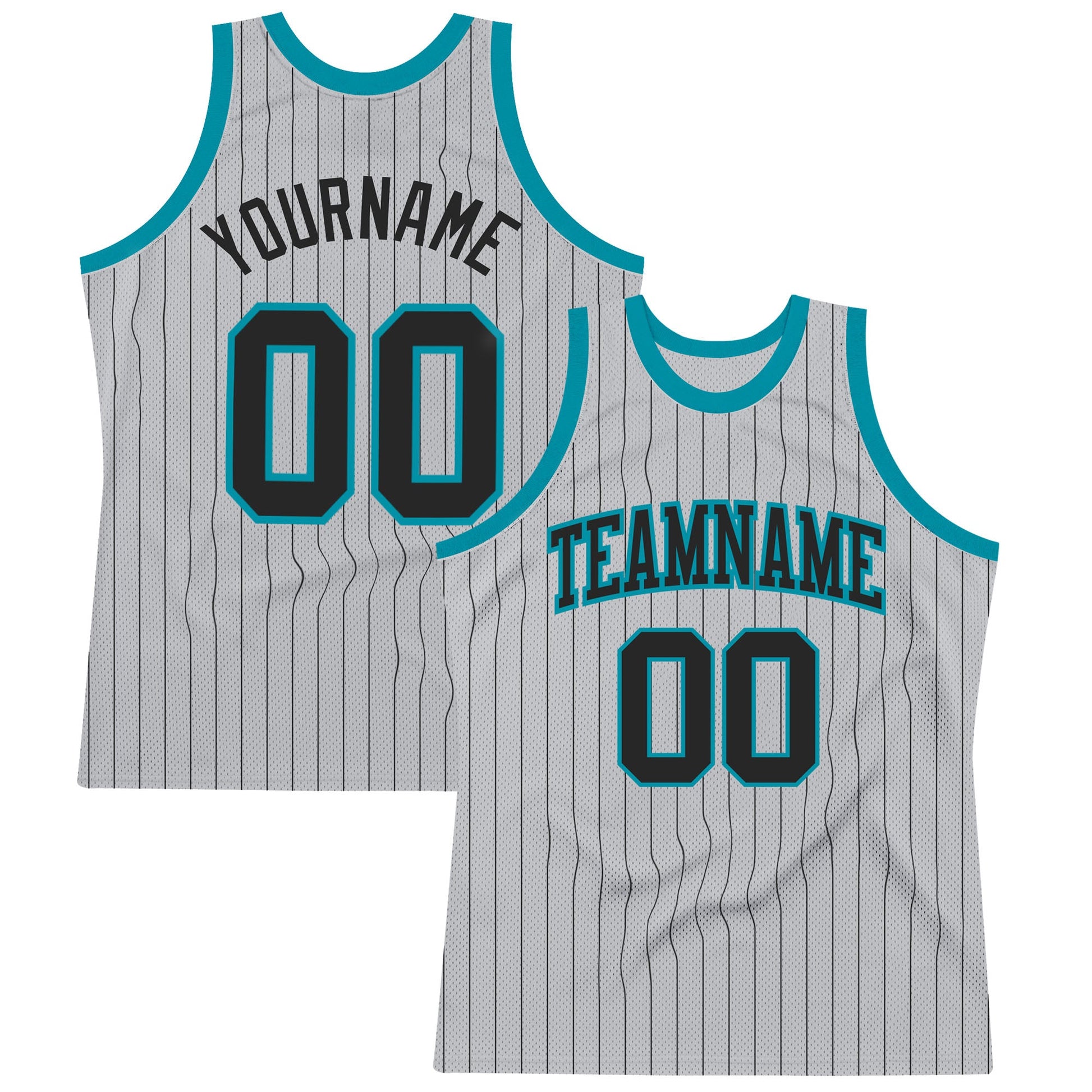 Custom Gray Black Pinstripe Black-Teal Authentic Basketball Jersey