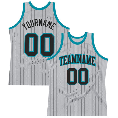 Custom Gray Black Pinstripe Black-Teal Authentic Basketball Jersey