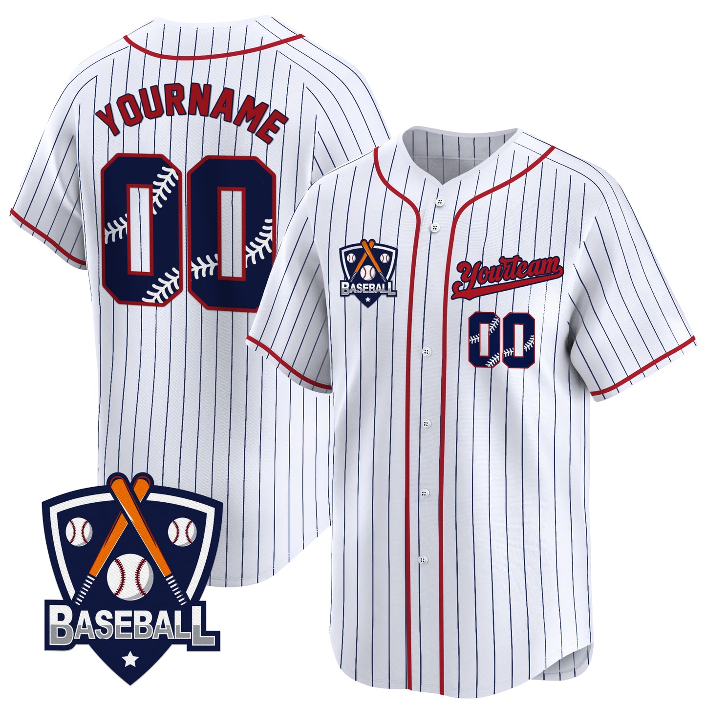 White Navy Pinstripe Navy Red Custom Baseball Jersey