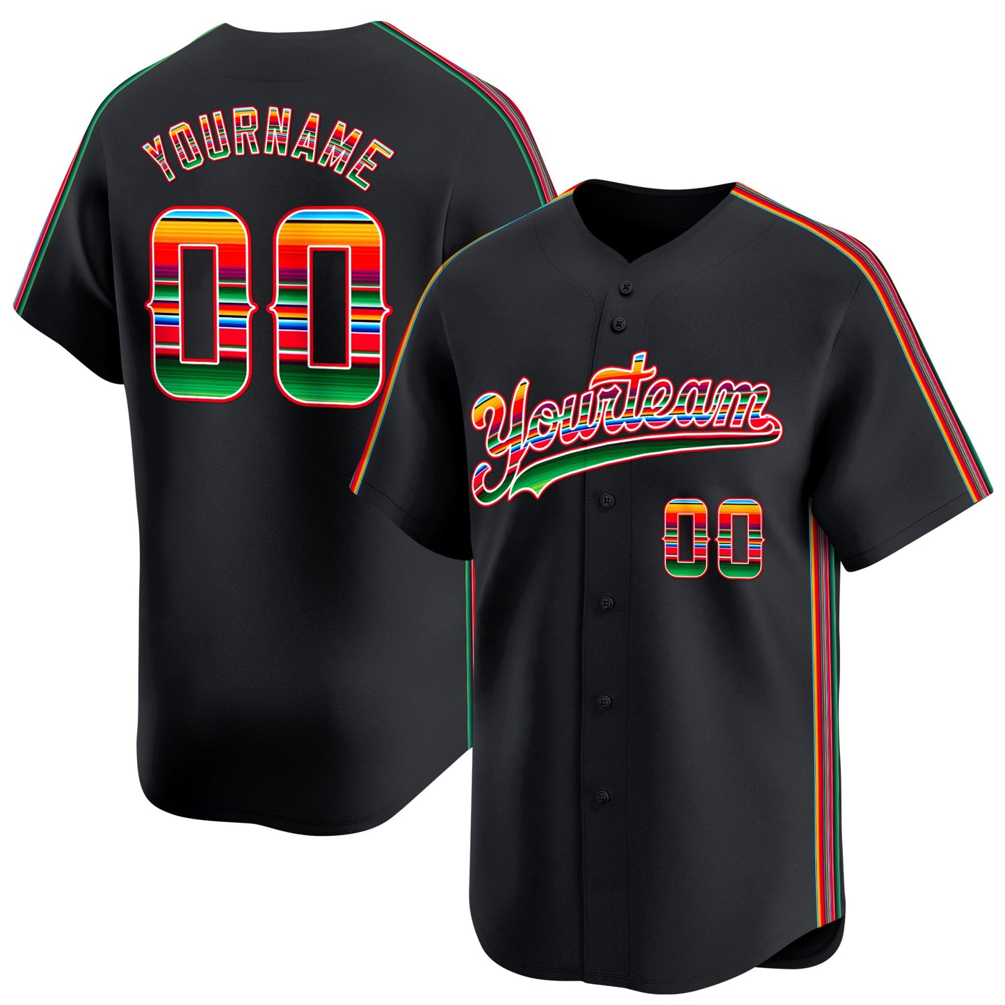 Black Green - Red Mexico Serape Pattern Custom Baseball Jersey