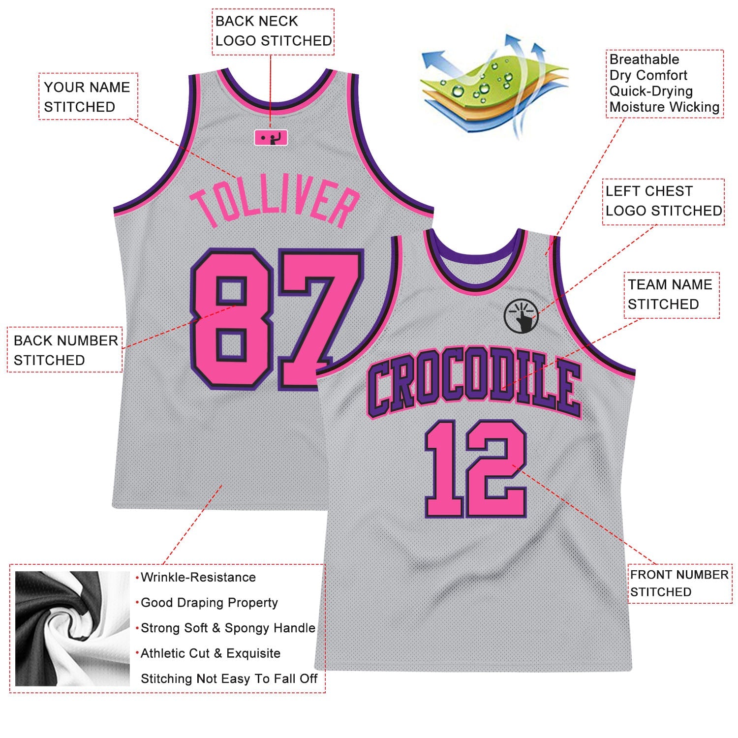 Custom Gray Pink Black-Purple Authentic Throwback Basketball Jersey