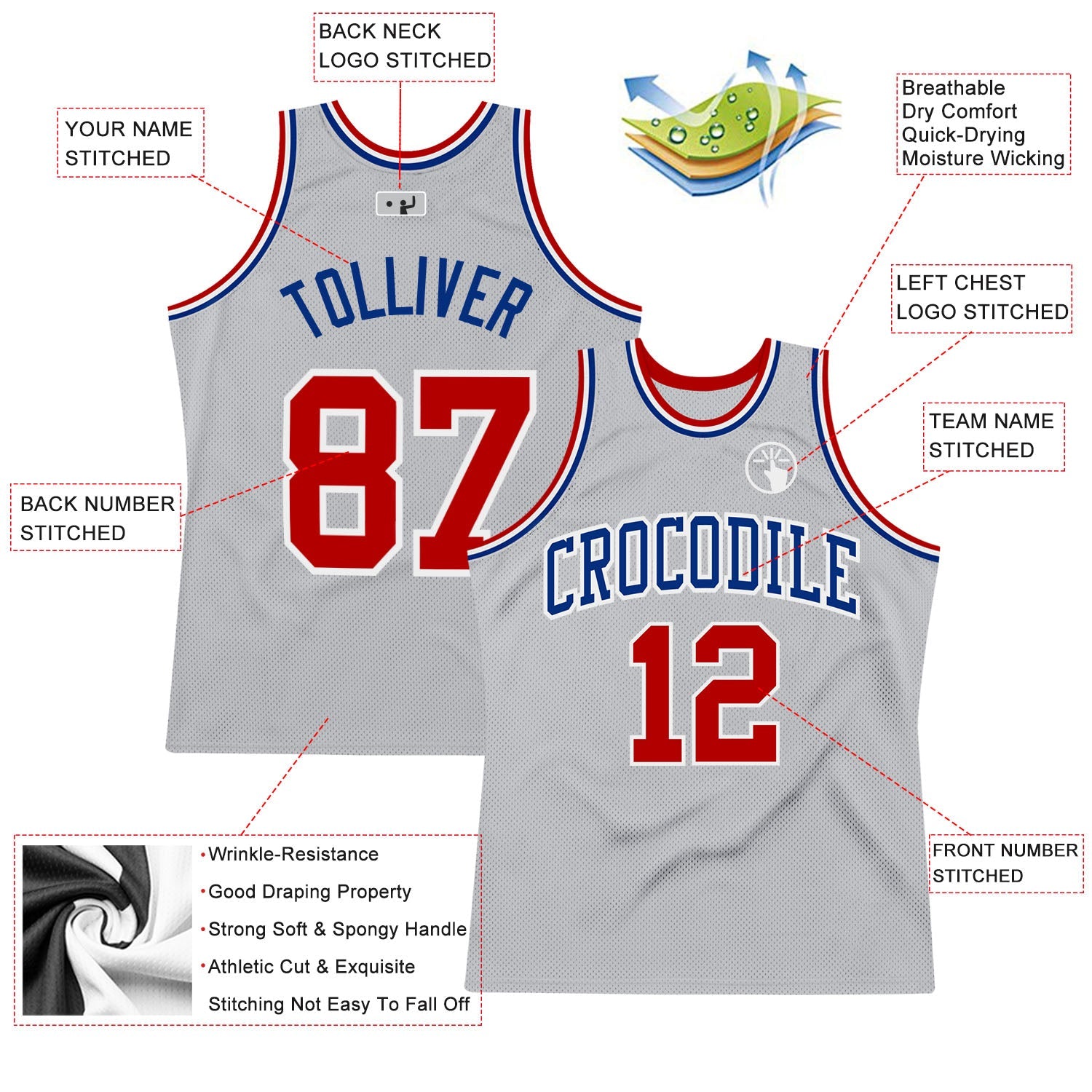 Custom Gray Red-Royal Authentic Throwback Basketball Jersey