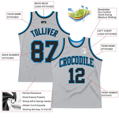 Custom Gray Black-Blue Authentic Throwback Basketball Jersey