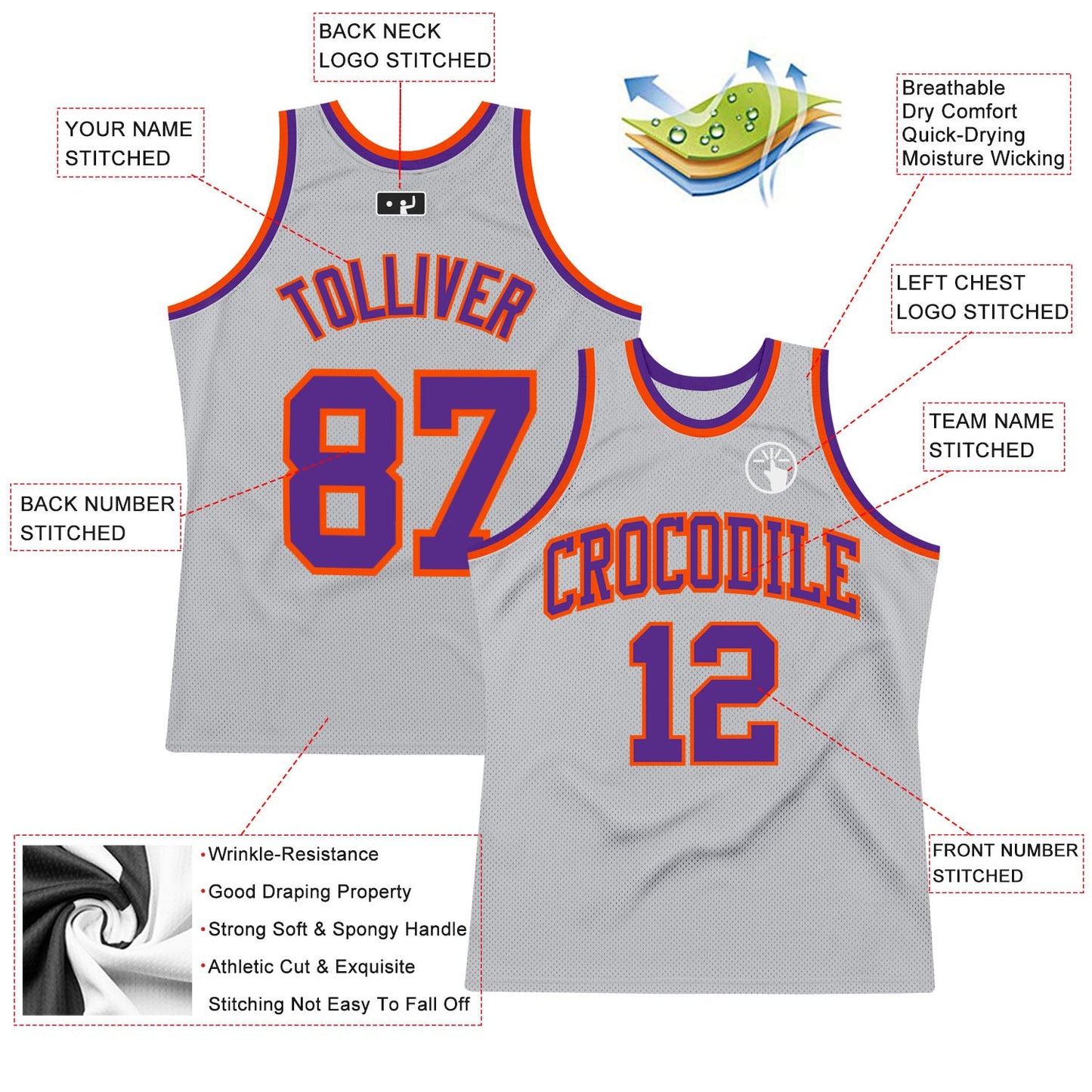 Custom Gray Purple-Orange Authentic Throwback Basketball Jersey