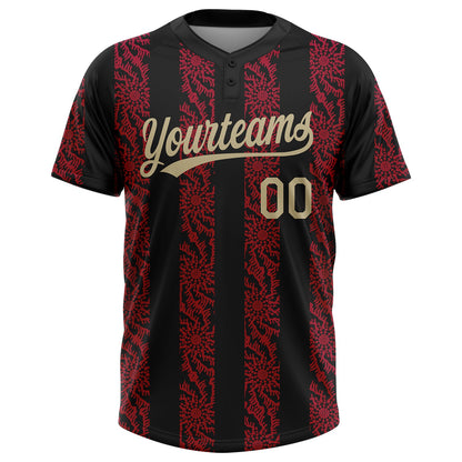 Custom Black Vegas Gold-Red 3D Pattern Two-Button Unisex Softball Jersey