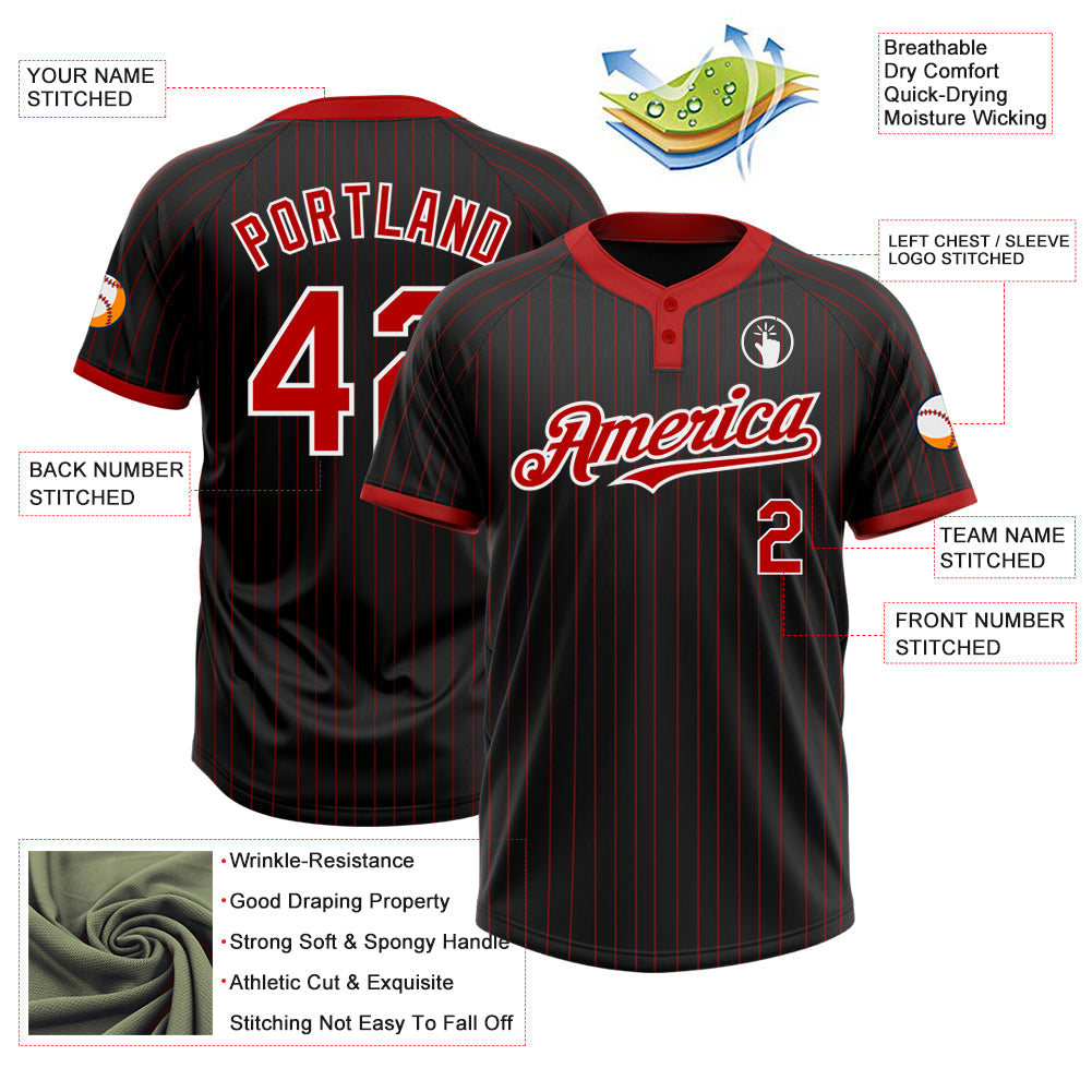 Custom Black Red Pinstripe White Two-Button Unisex Softball Jersey