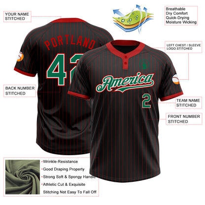 Custom Black Red Pinstripe Kelly Green-White Two-Button Unisex Softball Jersey