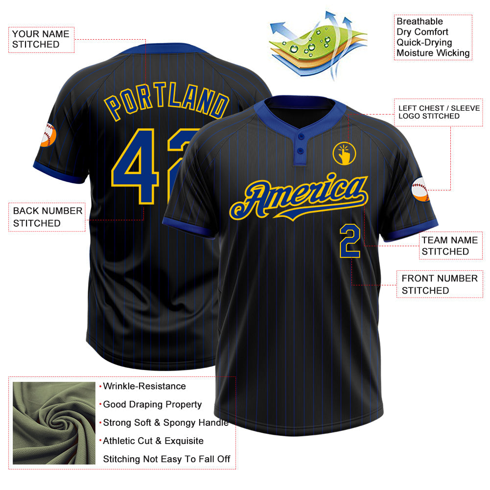 Custom Black Royal Pinstripe Yellow Two-Button Unisex Softball Jersey