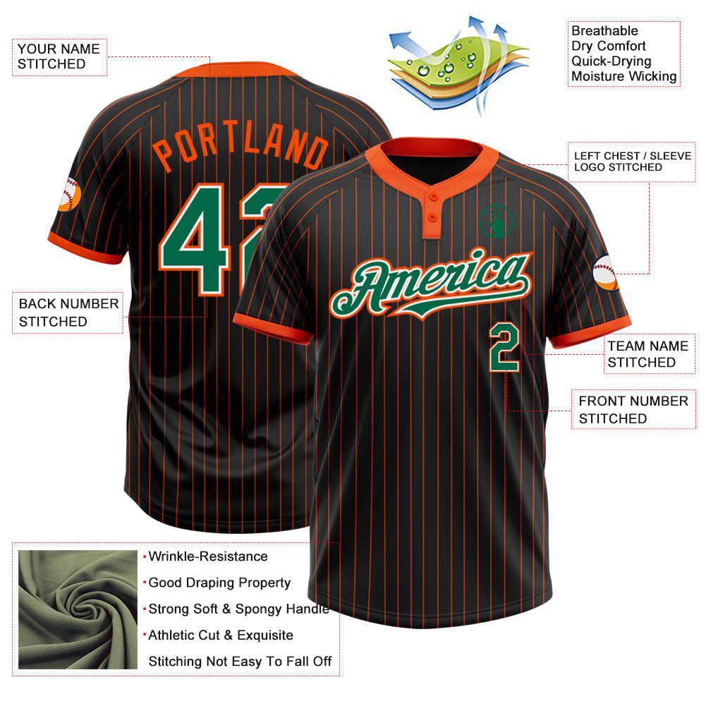 Custom Black Orange Pinstripe Kelly Green-White Two-Button Unisex Softball Jersey