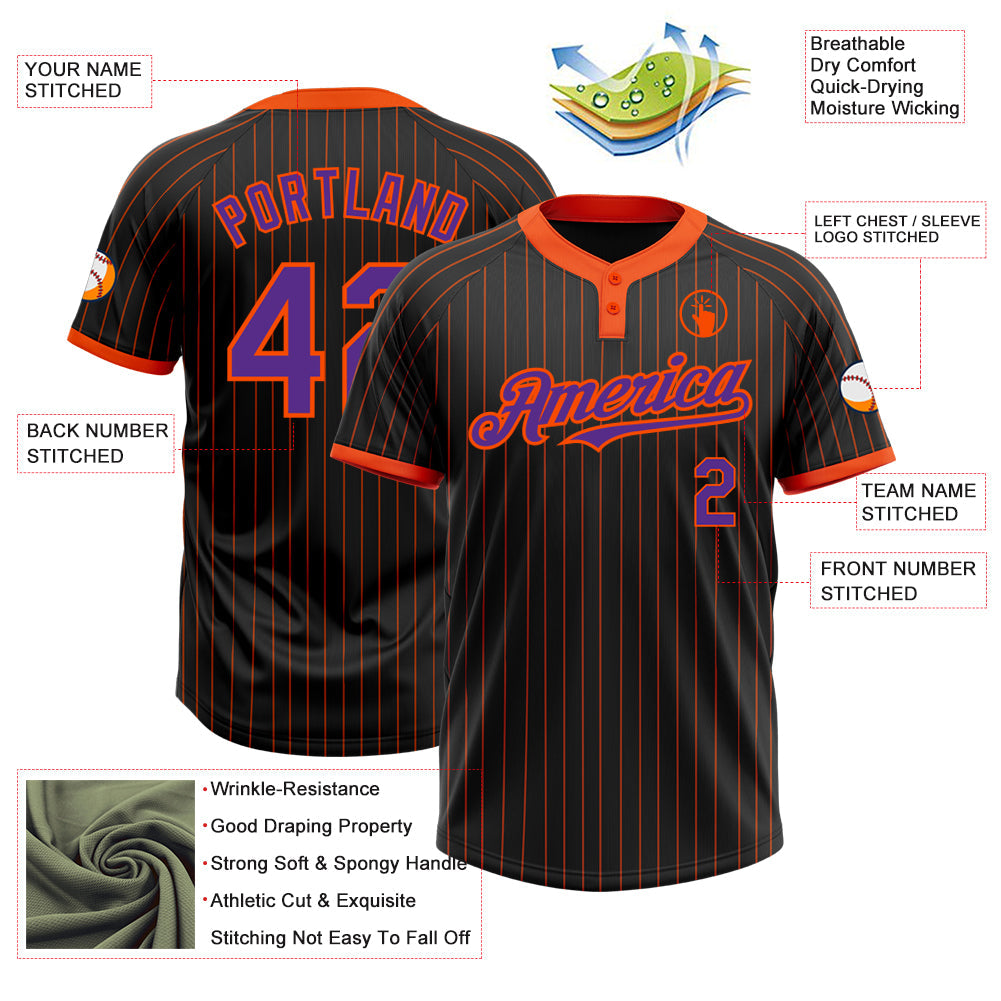 Custom Black Orange Pinstripe Purple Two-Button Unisex Softball Jersey