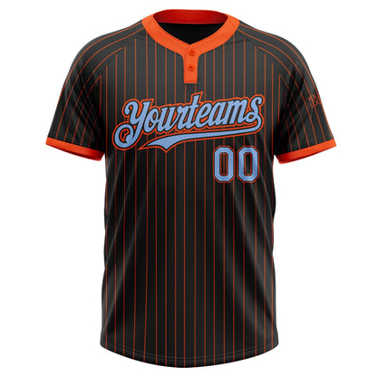 Custom Black Orange Pinstripe Light Blue Two-Button Unisex Softball Jersey