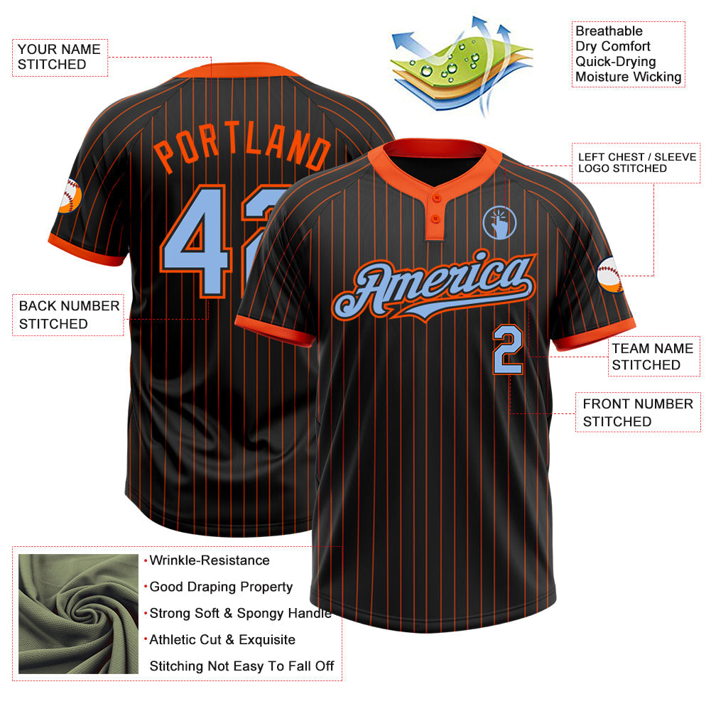 Custom Black Orange Pinstripe Light Blue Two-Button Unisex Softball Jersey