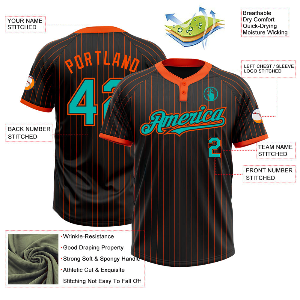 Custom Black Orange Pinstripe Aqua Two-Button Unisex Softball Jersey