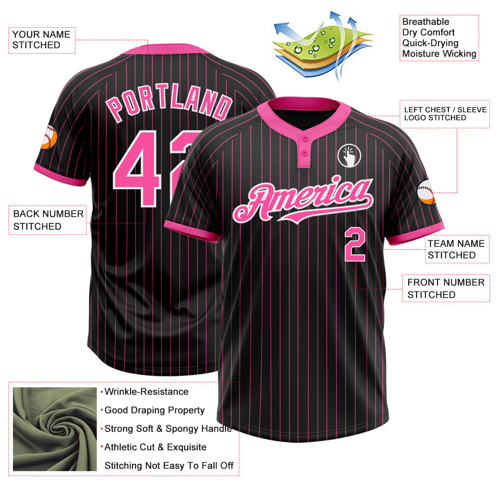 Custom Black Pink Pinstripe White Two-Button Unisex Softball Jersey