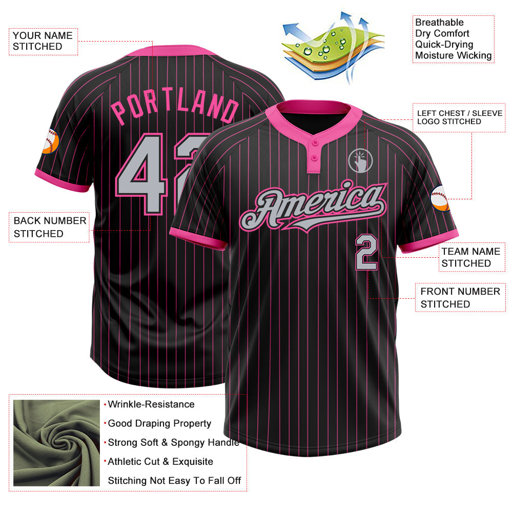 Custom Black Pink Pinstripe Gray Two-Button Unisex Softball Jersey