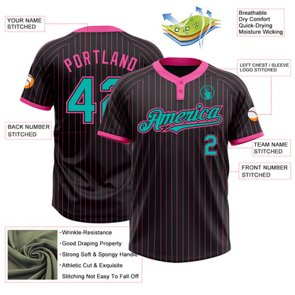 Custom Black Pink Pinstripe Aqua Two-Button Unisex Softball Jersey