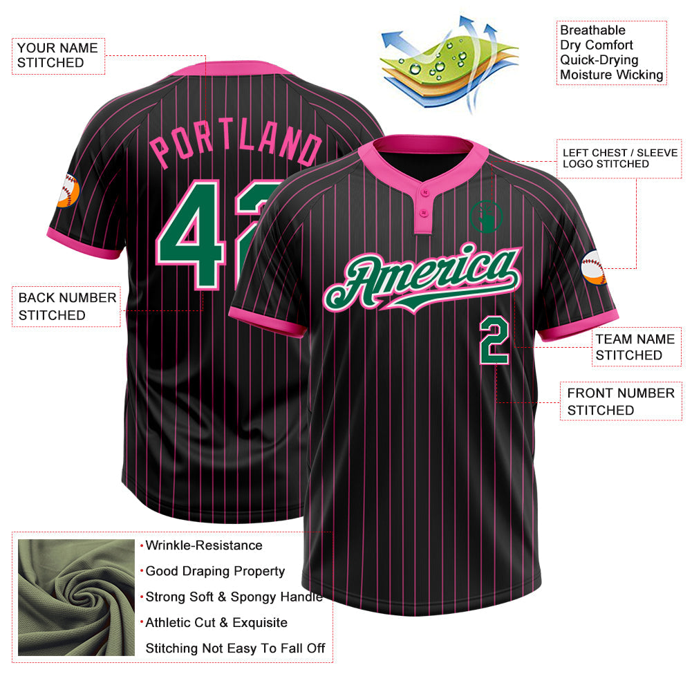 Custom Black Pink Pinstripe Kelly Green-White Two-Button Unisex Softball Jersey