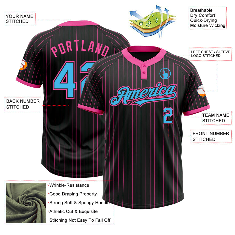 Custom Black Pink Pinstripe Sky Blue Two-Button Unisex Softball Jersey