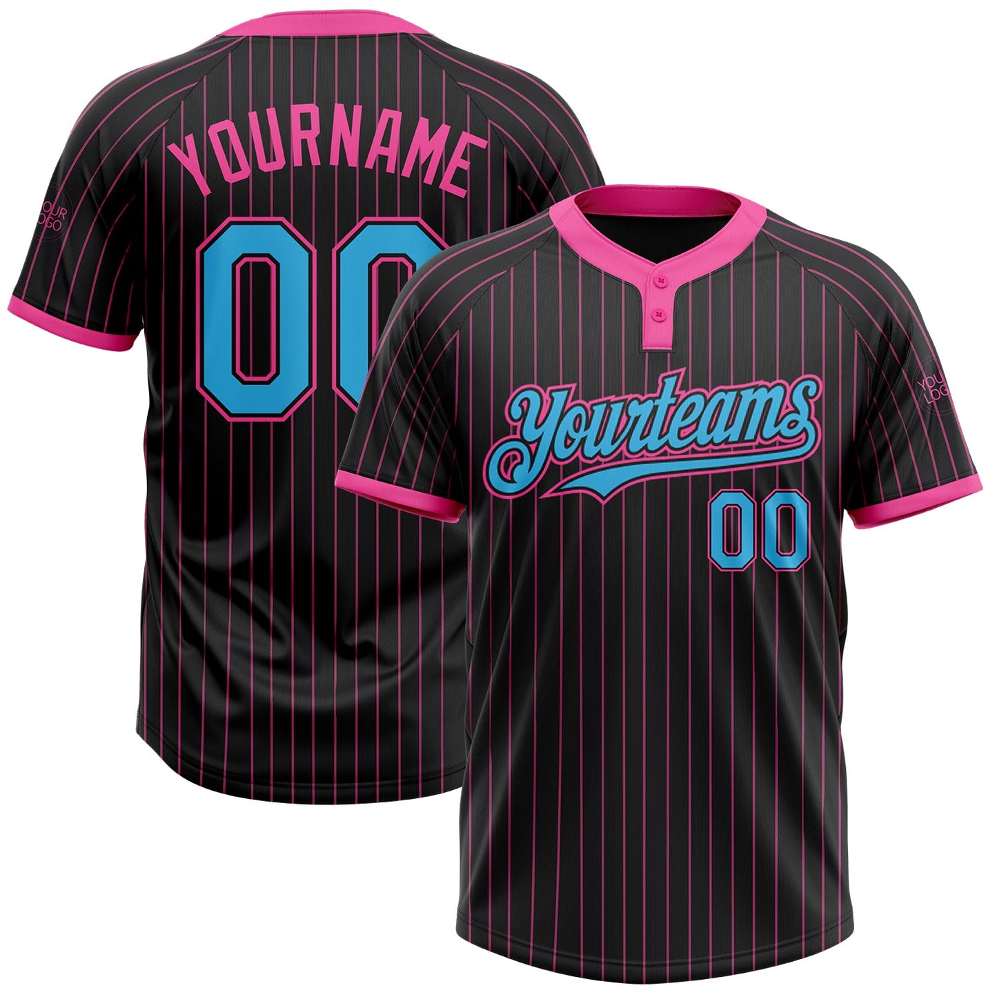 Custom Black Pink Pinstripe Sky Blue Two-Button Unisex Softball Jersey