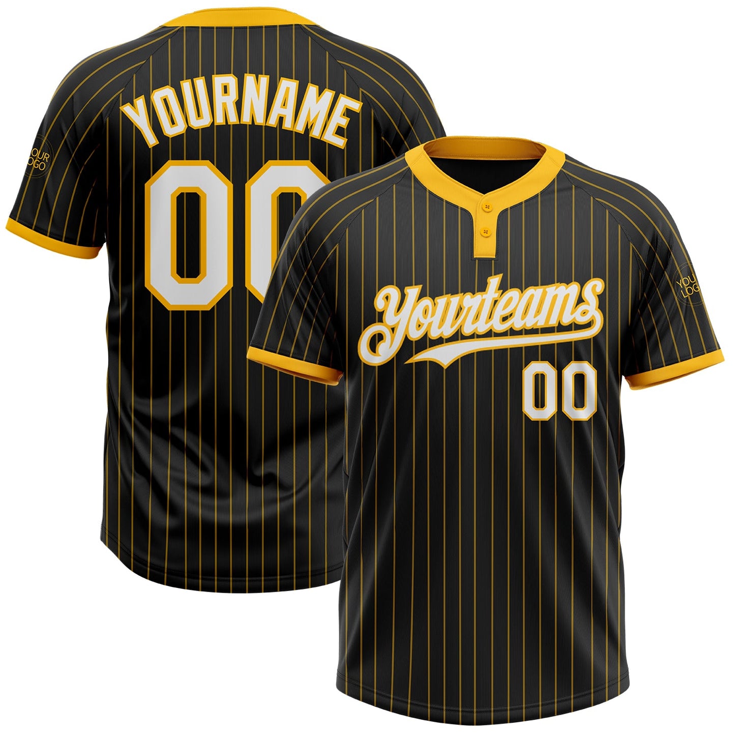 Custom Black Gold Pinstripe White-Gold Two-Button Unisex Softball Jersey