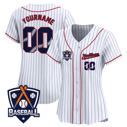 White Navy Pinstripe Navy Red Custom Baseball Jersey